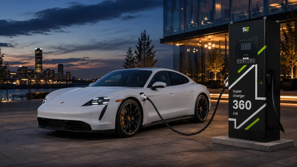 Porsche Taycan заряжается вечером от быстрой зарядной станции, электромобиль подключен к общественной DC-станции